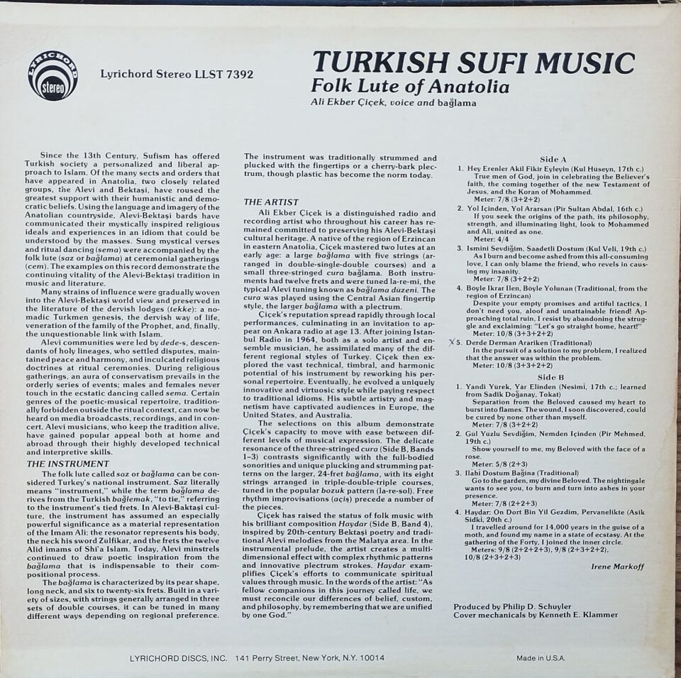 Turkish Sufi Music - Folk Lute Of Anatolia (Ali Ekber Çiçek) - LP Plak